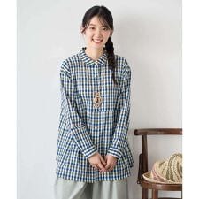 [洗える]塩縮ギンガムプリントチュニックブラウス