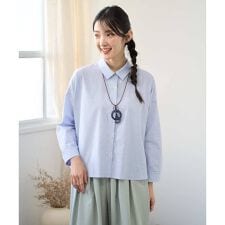 [洗える・日本製]コットンシャーリングストライプブラウス