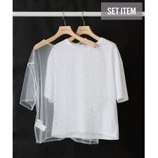 【2点SET】ラインストーンチュールレイヤードTシャツ