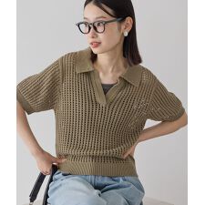 衿付きメッシュ編み半袖ニットプルオーバー