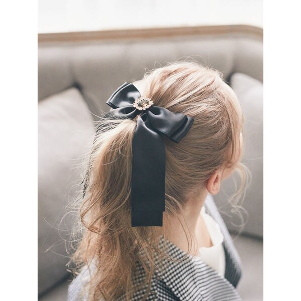 ダブルリボンのバレッタ ブラック×オフホワイト＊キラキラパール