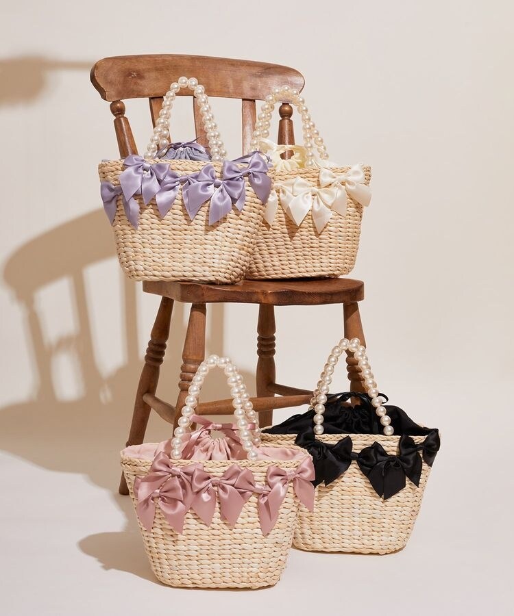 Maison de FLEUR パールハンドルメイズリボンカゴバッグ　ピンク メゾン ド フルール Maison de FLEUR パールハンドルメイズ