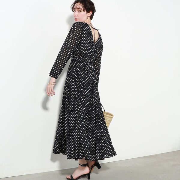 ヌキテパ Dot Print Tuck Sleeve Dress マキシ丈