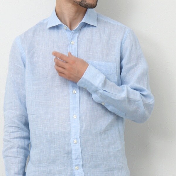 【極美品】LUIGI BORRELLI／リネンカッタウェイシャツ／ブルー／L 別注】LUIGI BORRELLI GABLE リネン ボタンダウンシャツ