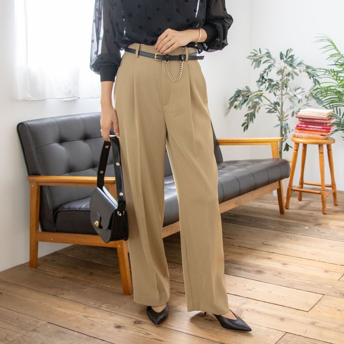 ノーリーズワイドパンツ ウォッシャブルドライストレッチツイルワイドパンツ