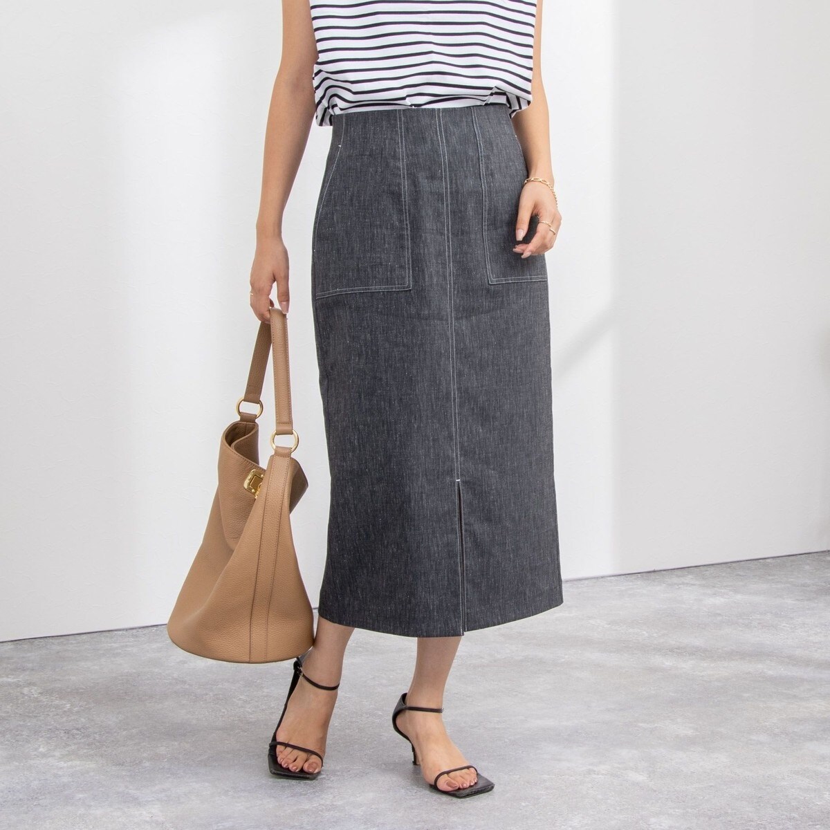 24SS 美品 ノーリーズ ✴︎ ウォッシャブル麻混タイトスカート S ウォッシャブル麻混タイトスカート | ノーリーズ(NOLLEY'S