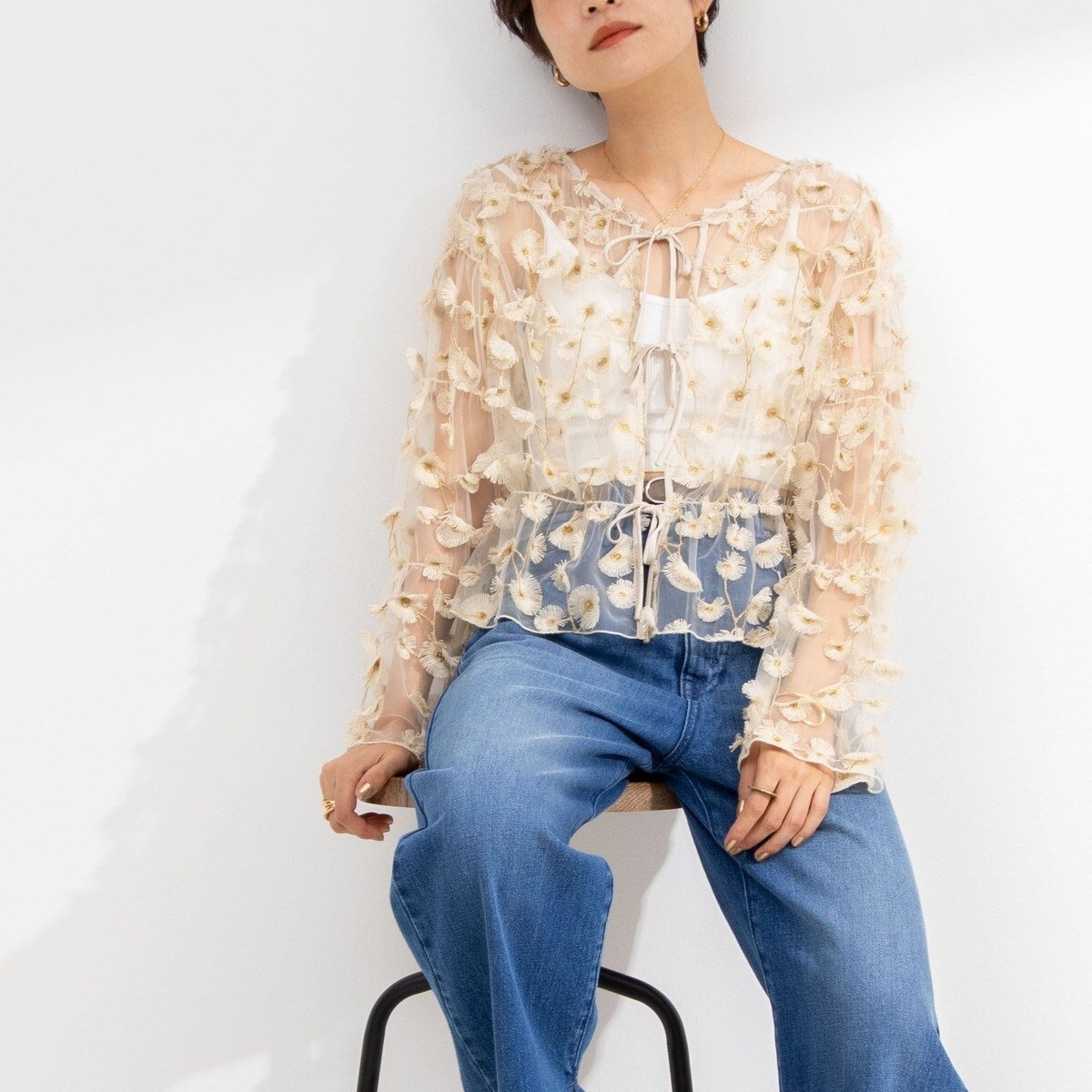 国産品 セットアップ対応》ウォッシャブルチュール刺繍2WAYブラウス トップス