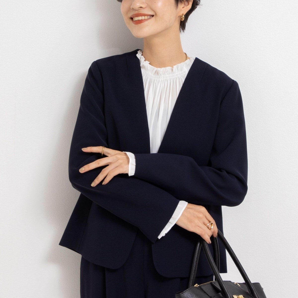 NOLLEY’S ウォッシャブル ソフトダブルクロスVネックジャケット ネイビー セットアップ対応》ウォッシャブルダブルクロスVネック