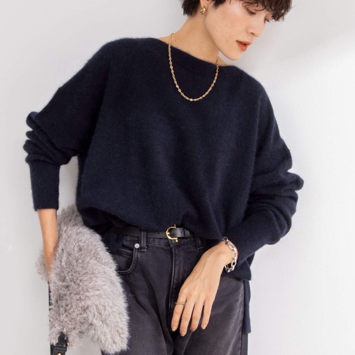 ウォッシャブルヘアリーニットボートネックプルオーバーニット