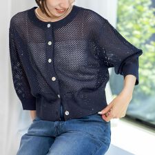 《手洗い可能》スパンコールメッシュ5分袖カーディガン