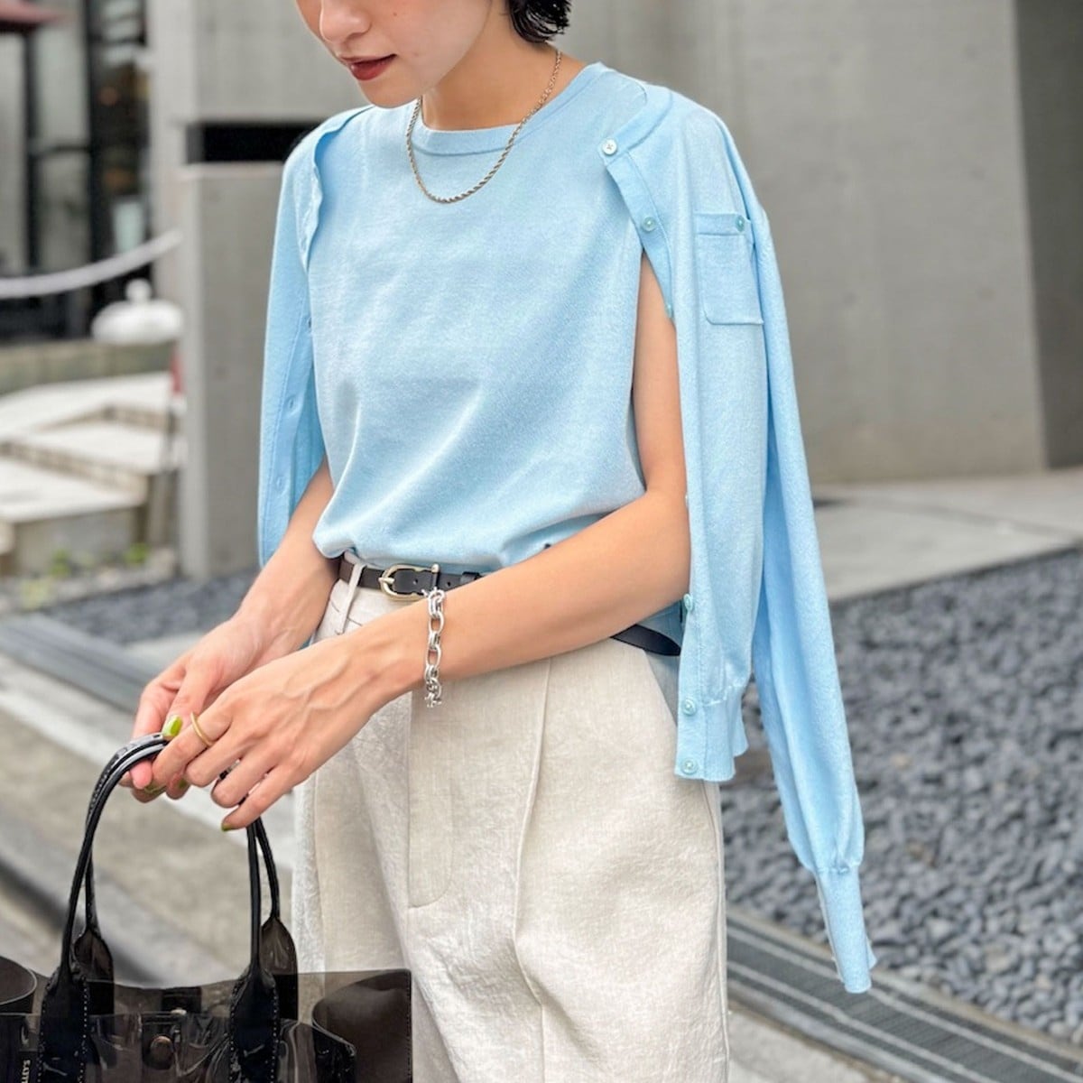 NOLLEY'S - 今期ノーリーズ　ヘアリーパール釦クルーネックカーディガン カシミヤ混ヘアリーパール釦クルーネックカーディガン