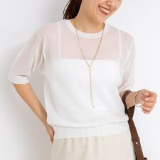 《手洗い可能》《アンサンブル対応》シアーラメ天竺5分袖プルオーバーニット