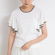 《手洗い可能》袖フリル配色プルオーバーニット
