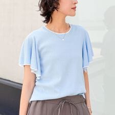 《手洗い可能》袖フリル配色プルオーバーニット