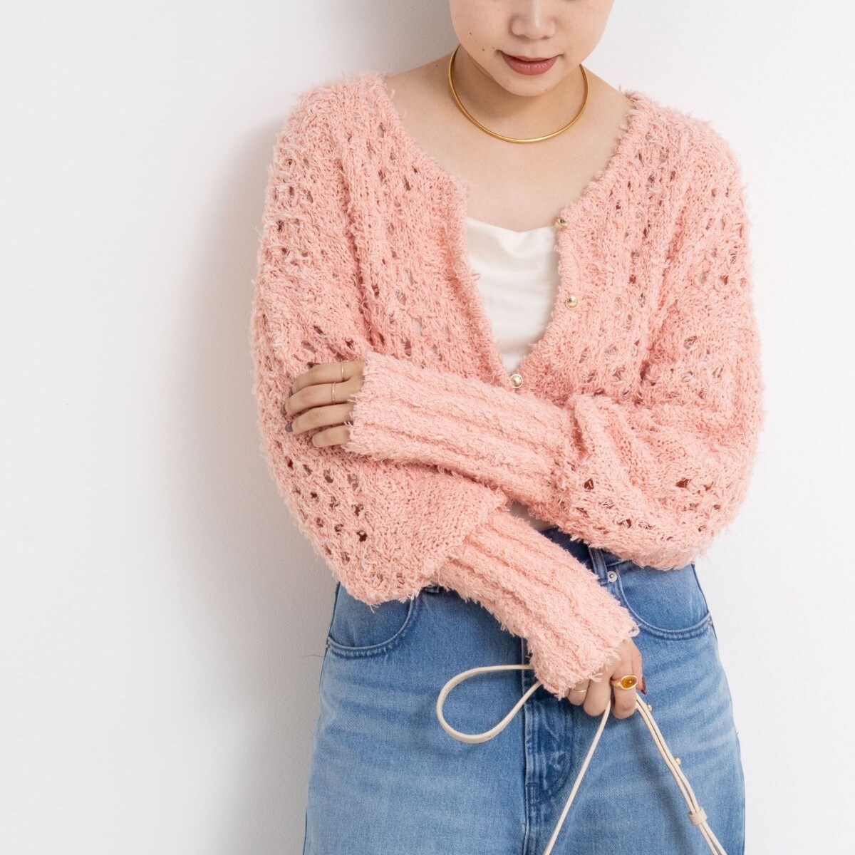 【タグ付き】ノーリーズ　カットフェザーヤーン透かし柄2WAYカーディガン　25年 手洗い可能》カットフェザーヤーン透かし柄2WAYカーディガン