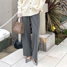 ウォッシャブル両面起毛ヘリンボーン/ストライプセミワイドパンツ