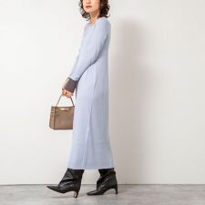 《手洗い可能》ウール混ワイドリブ袖口配色ロングワンピース