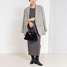 《手洗い可能》ウール混ワイドリブ袖口配色ロングワンピース