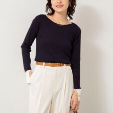 《手洗い可能》ウール混ワイドリブ袖口配色プルオーバー