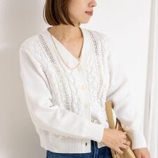《手洗い可能》ケーブルレースVネックカーディガン