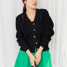 《手洗い可能》ケーブルレースVネックカーディガン