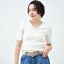 《手洗い可能》トライアングルカラー総針5分袖プルオーバー