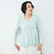 《手洗い可能》リブフレアスキッパーポロ襟カーディガン