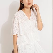 《セットアップ対応》ウォッシャブルフレアスリーブレースブラウス