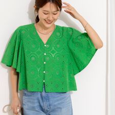 《セットアップ対応》ウォッシャブルフレアスリーブレースブラウス