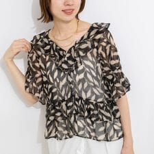 【Import Fabric】ウォッシャブル楊柳リーフ柄フリルブラウス