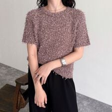 チュールテープ半袖ニットプルオーバー