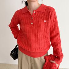 FR刺繍ケーブル柄ポロ衿ニットプルオーバー