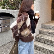 アーガイル柄起毛Ｖネックニット