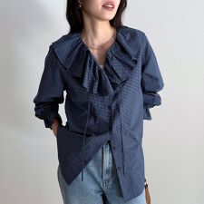 チェックフリルカラーブラウス