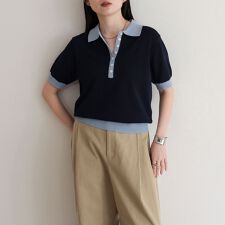 【接触冷感】配色ポロ衿半袖ニットプルオーバー