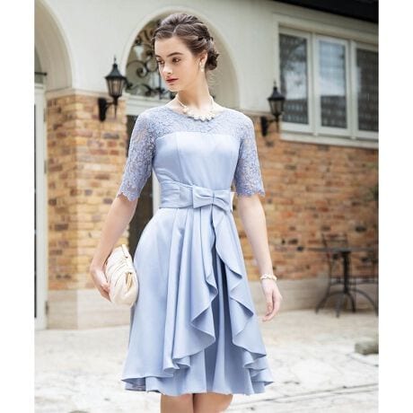 デコルテシアーレース切替サテンミモレ丈ワンピース 2wayオーバー  