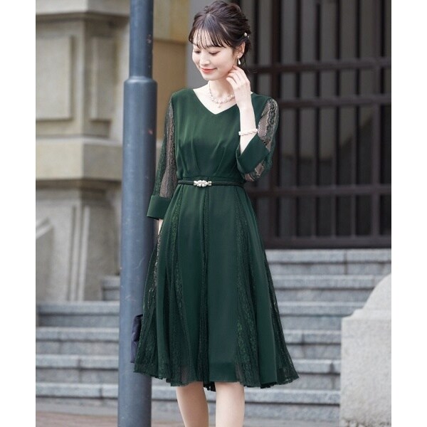 花柄ボーダーレース袖スカート切り替えフィット＆フレアワンピース