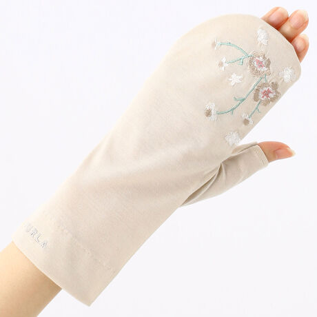 [型番:22SFR901]紫外線防止ＵＶカット手袋(刺しゅうデザイン）・指無ショート丈・接触冷感・2WAYミトン対応