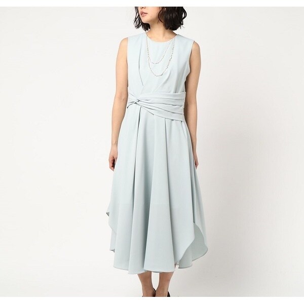 2連パールネックレス付きウエストツイストギャザー入りセミロング丈