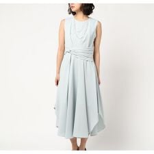 2連パールネックレス付きウエストツイストギャザー入りセミロング丈ワンピース