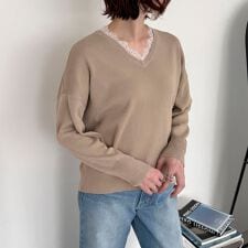 衿レースＶネックニットプルオーバー