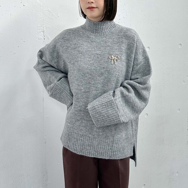 美品 レリアン アンゴラ混 ハイネックウールワンピース グレー 9号 バイカラー 美品 レリアン アンゴラ混 ハイネックウールワンピース グレー 9号