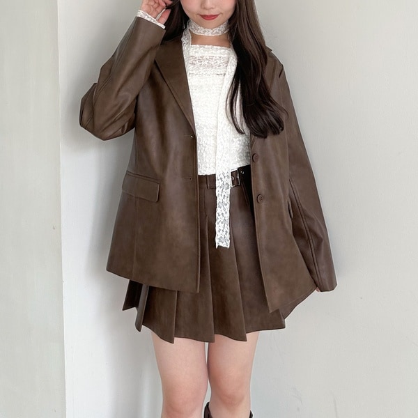 Classical Evon】レザー風加工スエード袖タックテーラードジャケット