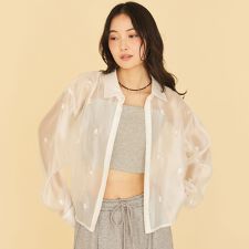 ビーズ花柄刺繍シアーショートシャツ