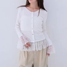 レースドッキングギャザーニットカーディガン