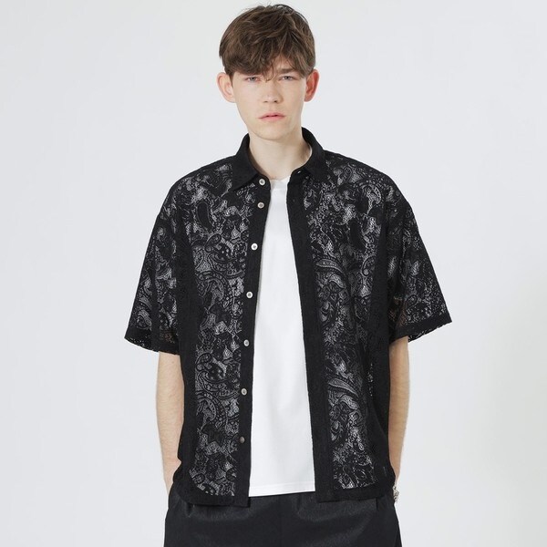 LOVELLESS 美品 レースコンビショートスリーブシャツ (ブラック) M レースコンビショートスリーブシャツ | ラブレス(LOVELESS