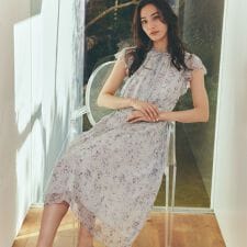 フラワーリボンプリント ギャザードレス