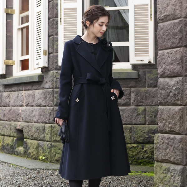 美品 トゥービーシック ロングコート ウール ビジュー リボン L 40 黒ハルコのお洋服