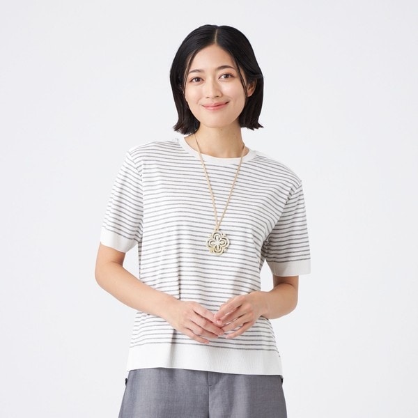 tシャツ 「ウォッシャブル」ジャカードボーダーシルケット　プルオーバー レディース セール】【ウォッシャブル】ジャカードボーダーシルケット プル