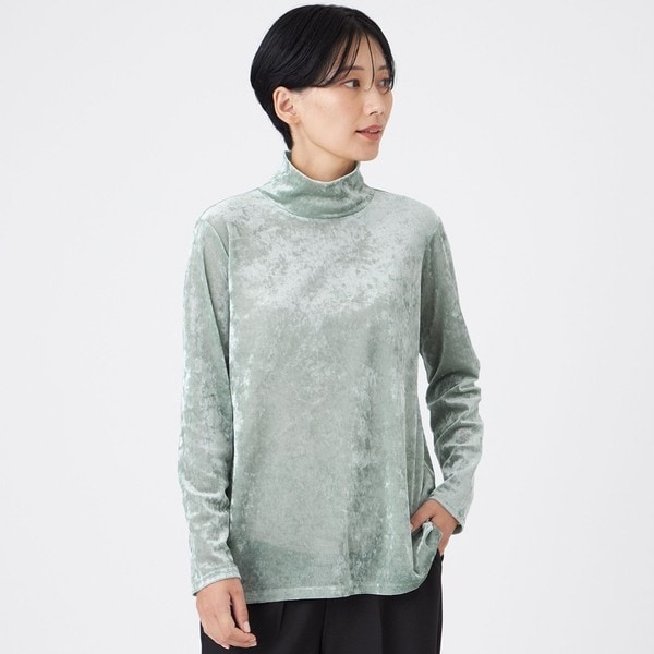 マシンウォッシャブル】メッシュベロアハイネックプルオーバー